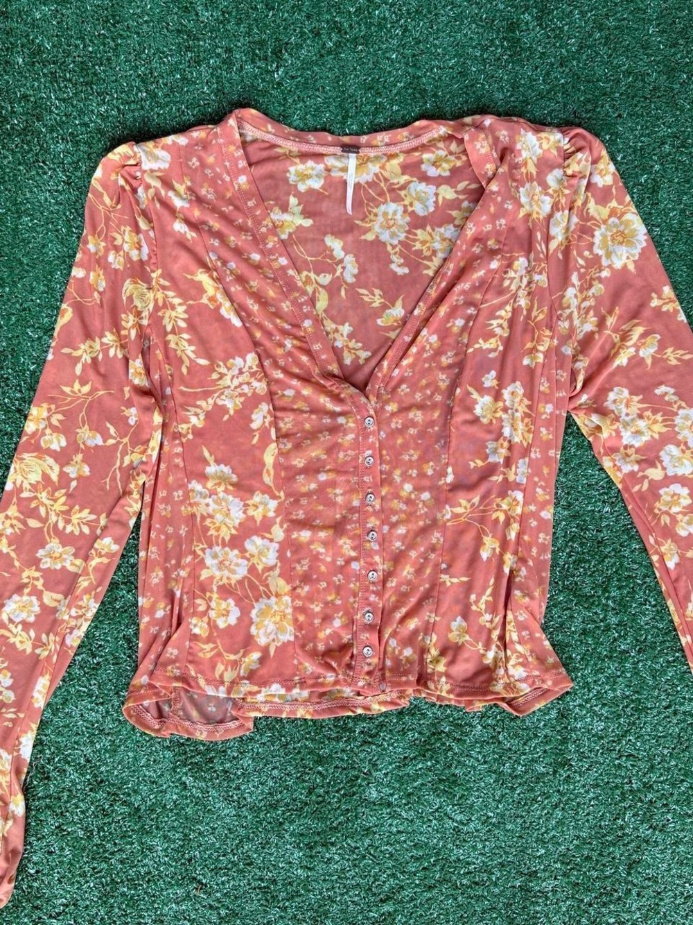 Free People Rust Floral Button-Front V-Neck Long Sleeve Top